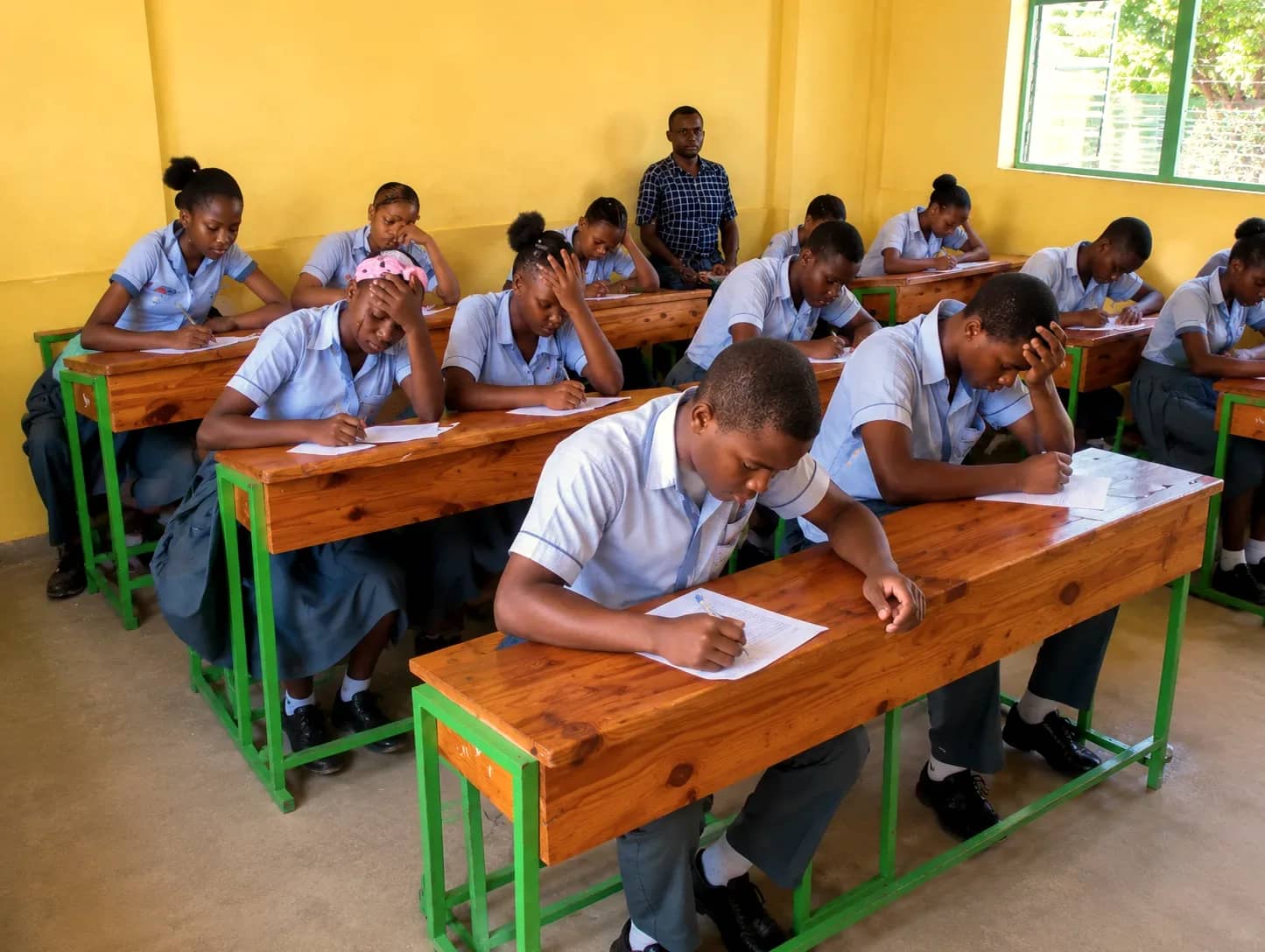 Students writing at their desks in an HEF classroom