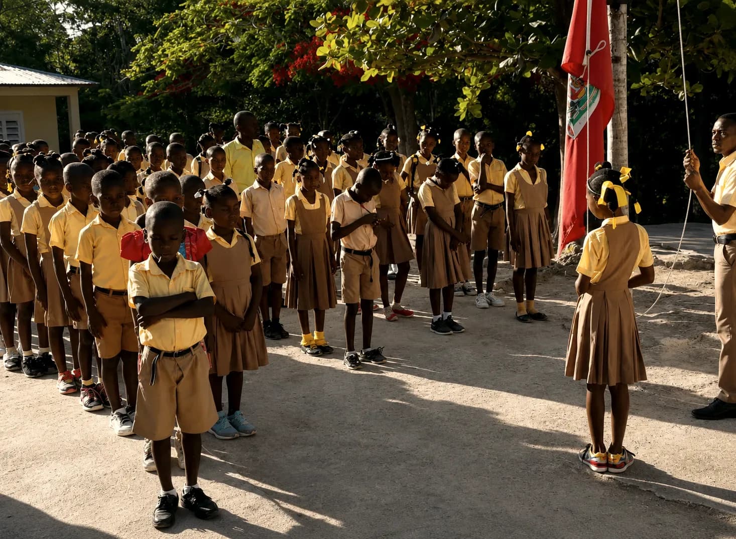 A large group of students in yellow and tan uniforms stands outdoors near a Haitian flag