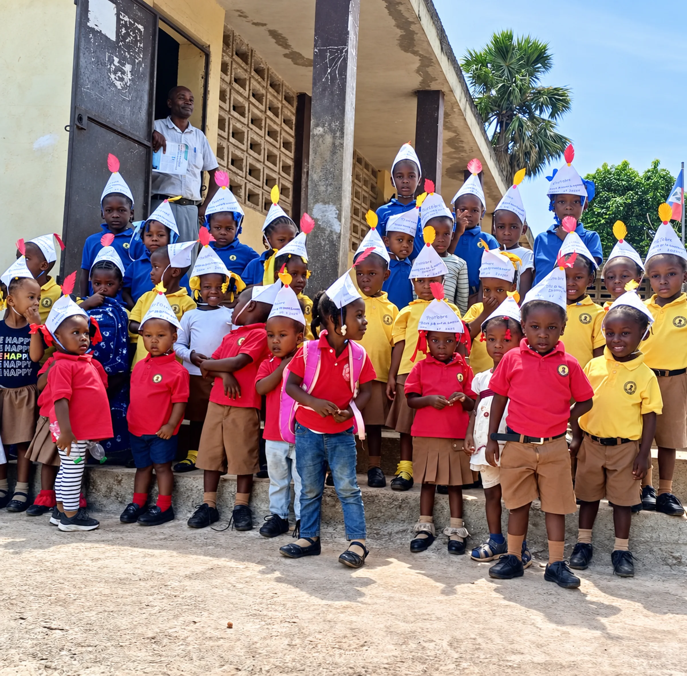 Young students in paper hats gather with their teacher outside their classroom