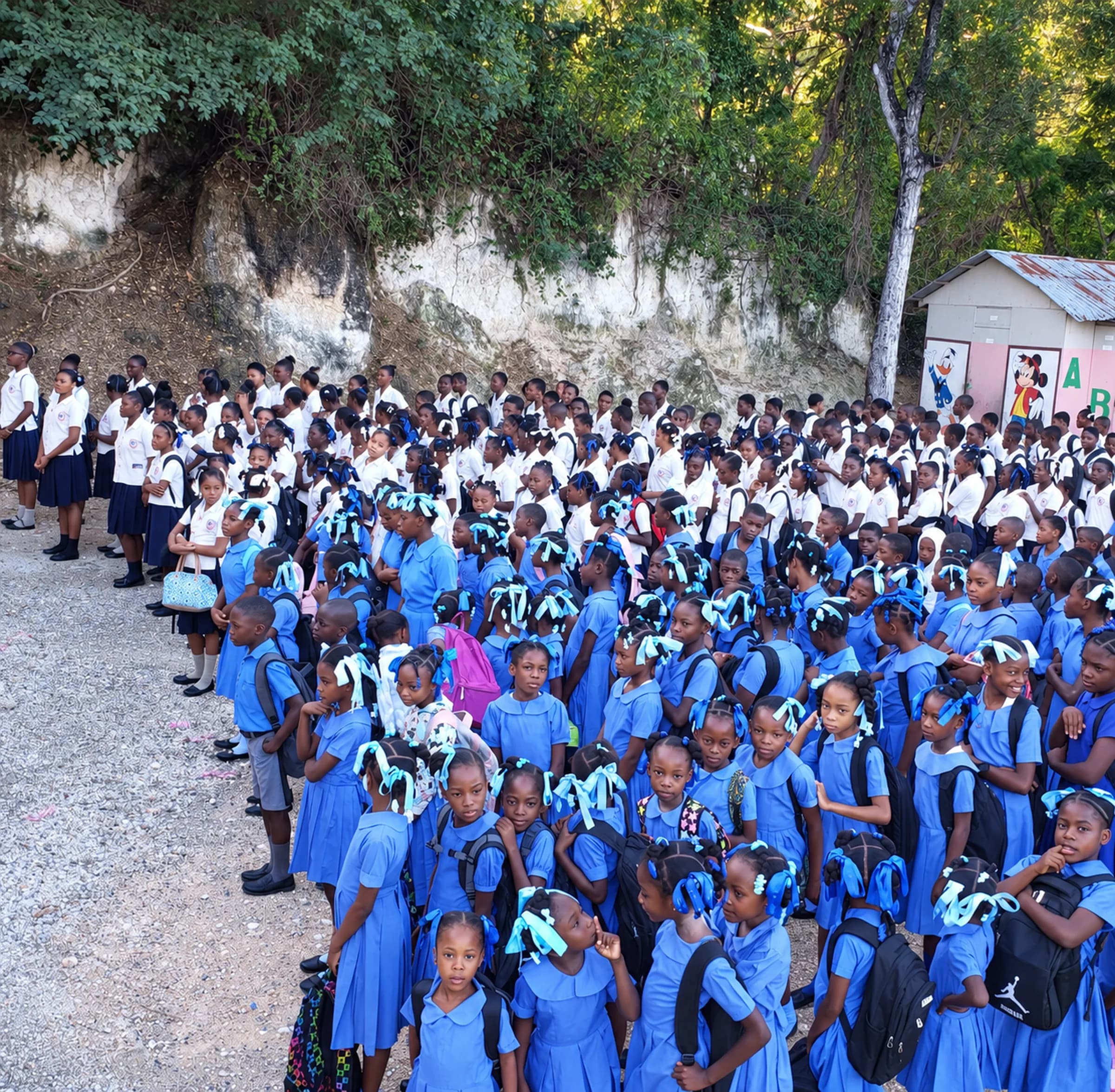 A whole school in blue and white uniforms assembles outdoors below a wooded hillside