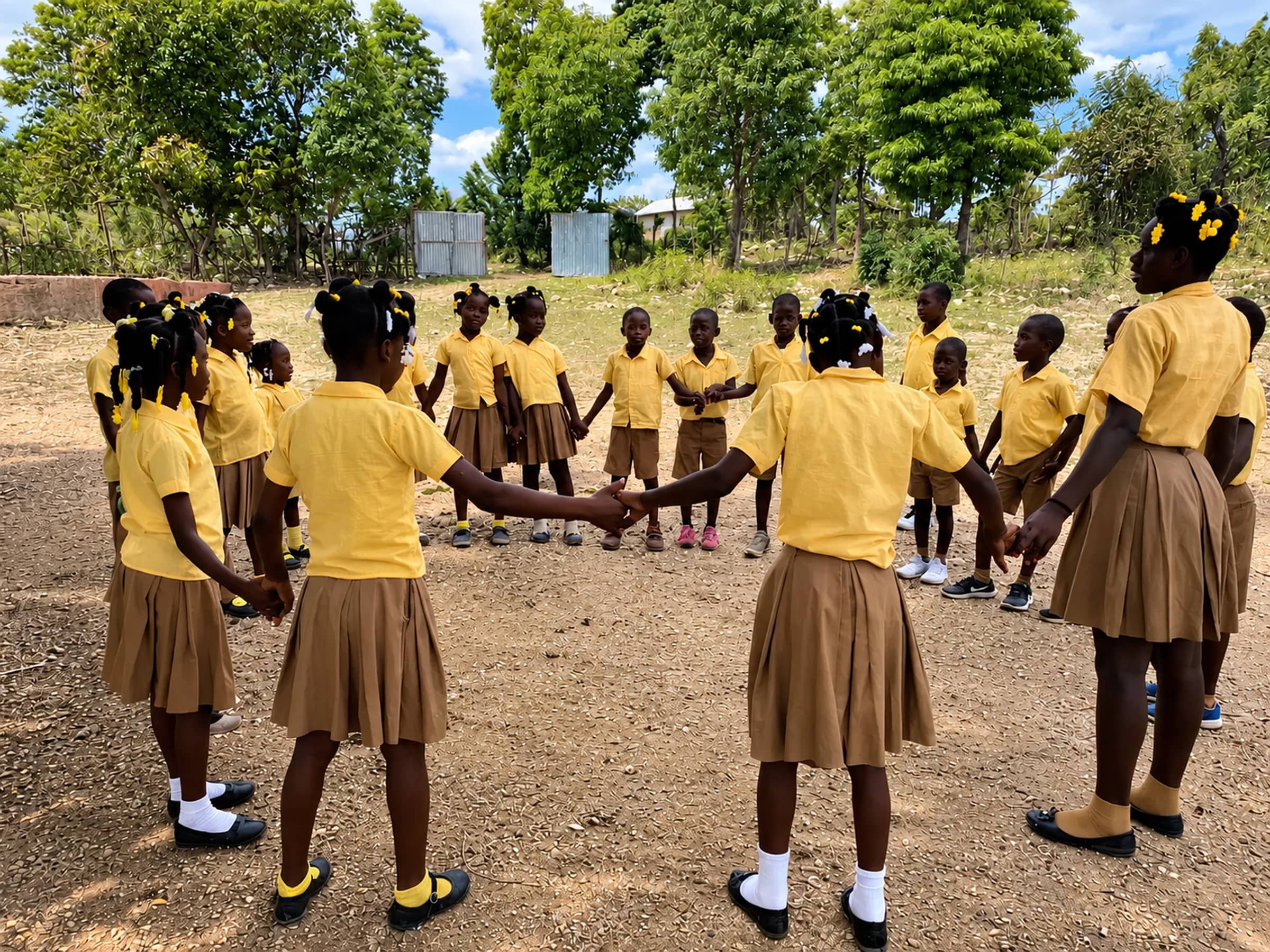 Children in the mountains of southern Haiti holding hands in a circle